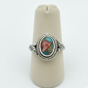 Southwestern Oval Spiny Oyster Dahlia Turquoise Dainty Ring Sterling Silver 7